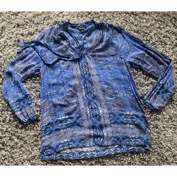 Lucky Brand Blue Paisley Print Boho CHIFFON TIE Blouse Tunic Top SZ M - Picture 1 of 5
